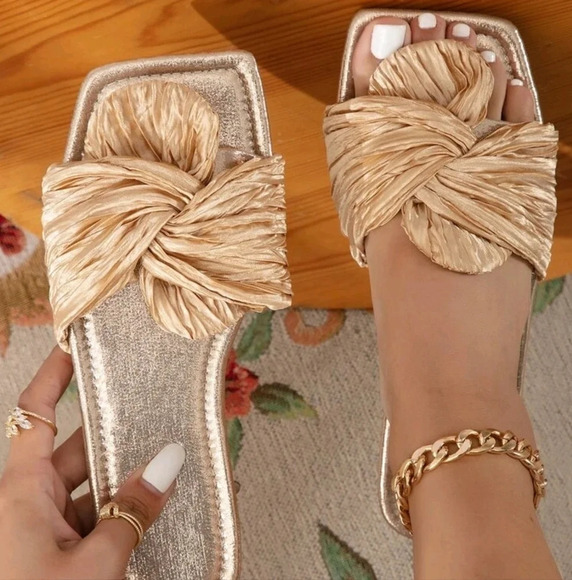 Twist Detail Metallic Slide Sandals - Picture 1 of 7